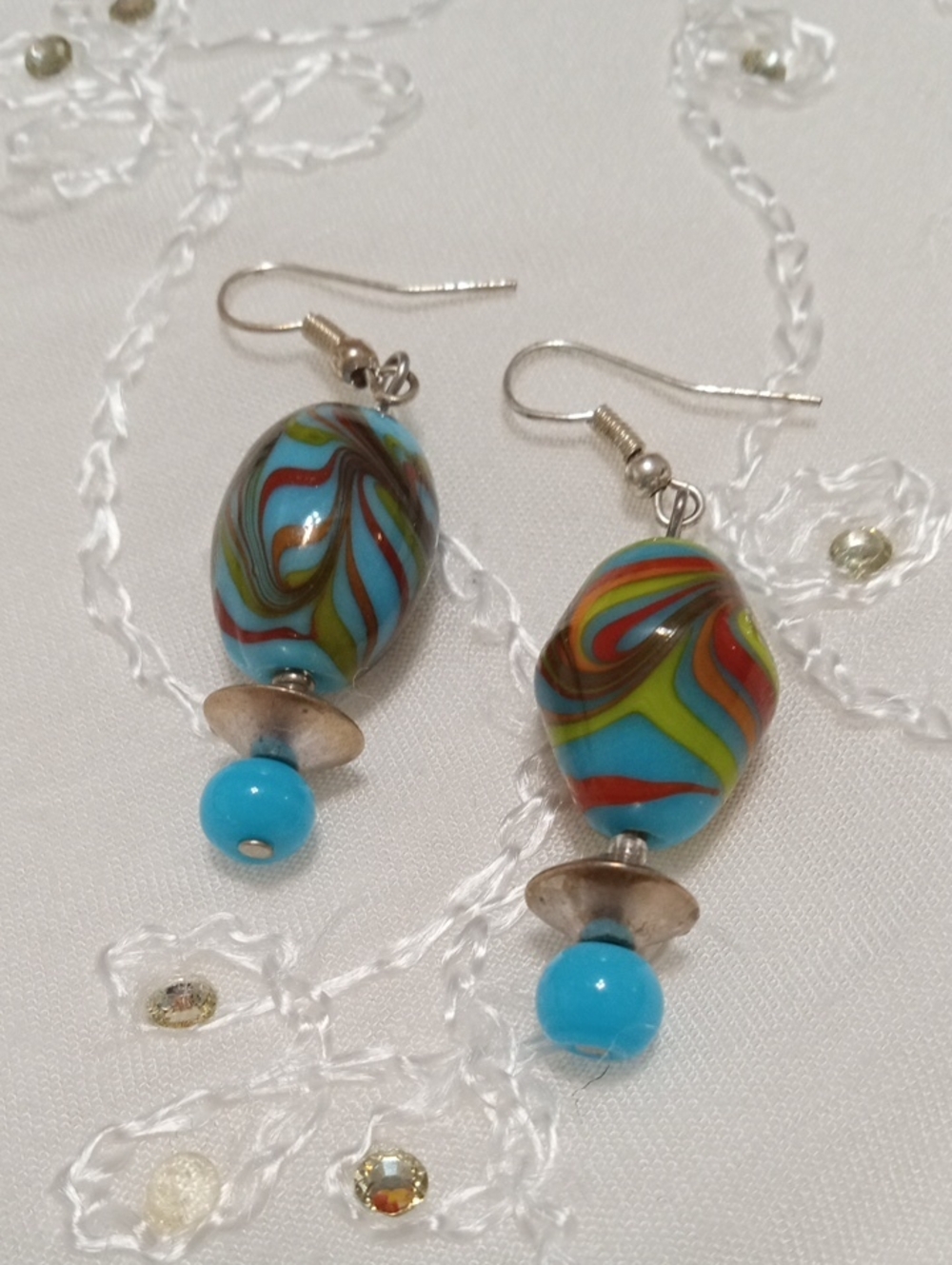Handmade Multicolor Swirl Glass Drop Earrings - Blue And Silver Accents
